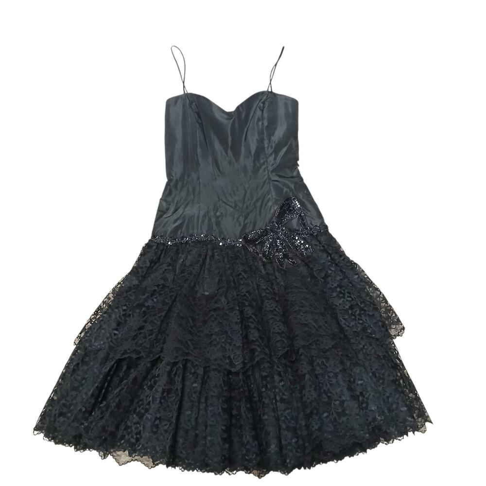 Vintage Loralie Original Black‎ Lace Tiered Party Dress Sequin Bow Goth Romantic